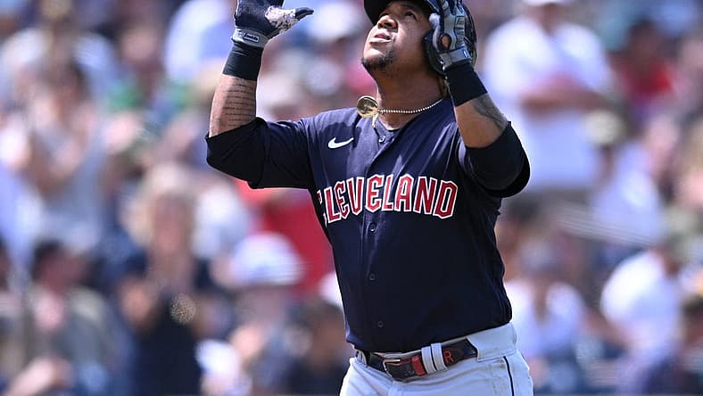 Aug 24, 2022; San Diego, California, USA; Cleveland Guardians third baseman Jose Ramirez (11) gestures after hitting a home run against the San Diego Padres during the fourth inning at Petco Park. Mandatory Credit: Orlando Ramirez-USA TODAY Sports