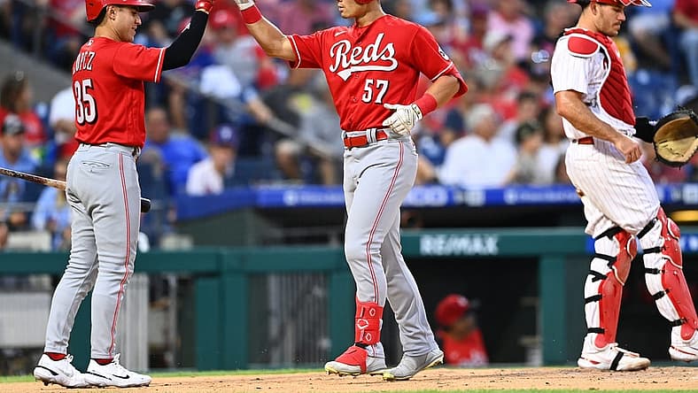 Aug 24, 2022; Philadelphia, Pennsylvania, USA; Cincinnati Reds outfielder Stuart Fairchild (57) celebrates with infielder Alejo Lopez (35) after hitting a home run against the Philadelphia Phillies in the second inning at Citizens Bank Park. Mandatory Credit: Kyle Ross-USA TODAY Sports