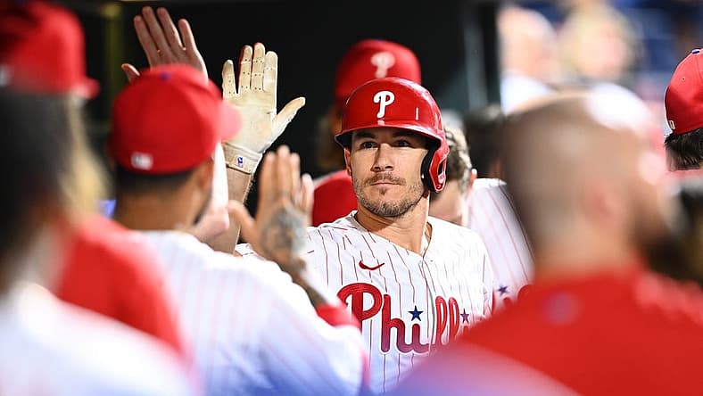 Aug 24, 2022; Philadelphia, Pennsylvania, USA; Philadelphia Phillies catcher JT Realmuto (10) celebrates after hitting a home run against the Cincinnati Reds in the third inning at Citizens Bank Park. Mandatory Credit: Kyle Ross-USA TODAY Sports
