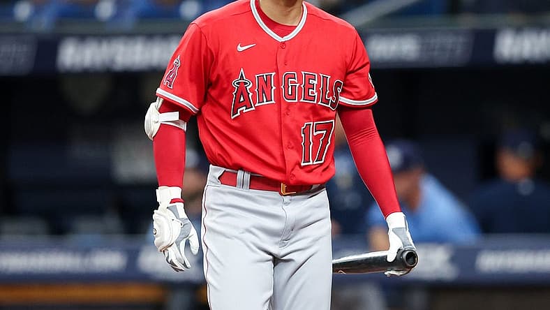 Aug 24, 2022; St. Petersburg, Florida, USA;  Los Angeles Angels designated hitter Shohei Ohtani (17) reacts after striking out against the Tampa Bay Rays in the first inning at Tropicana Field. Mandatory Credit: Nathan Ray Seebeck-USA TODAY Sports