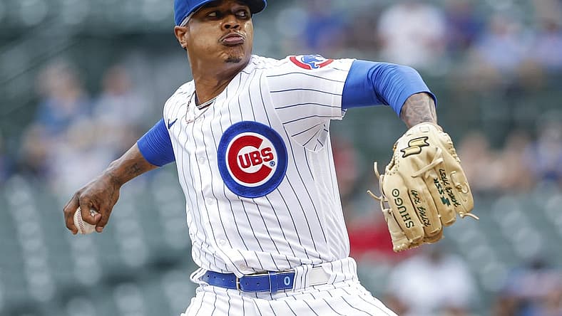 Aug 25, 2022; Chicago, Illinois, USA; Chicago Cubs starting pitcher Marcus Stroman (0) throws a pitch against the St. Louis Cardinals during the first inning at Wrigley Field. Mandatory Credit: Kamil Krzaczynski-USA TODAY Sports
