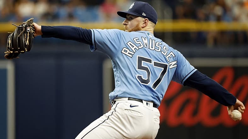 Aug 25, 2022; St. Petersburg, Florida, USA; Tampa Bay Rays starting pitcher Drew Rasmussen (57) throws a pitch against the Los Angeles Angels during the second inning at Tropicana Field. Mandatory Credit: Kim Klement-USA TODAY Sports