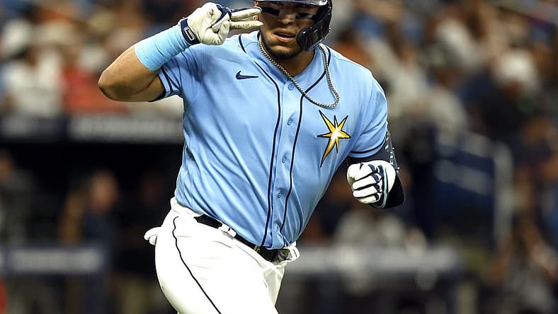 Aug 25, 2022; St. Petersburg, Florida, USA; Tampa Bay Rays third baseman Isaac Paredes (17) celebrates toward the dugout after hitting a two-run home run against the Los Angeles Angels during the third inning at Tropicana Field. Mandatory Credit: Kim Klement-USA TODAY Sports