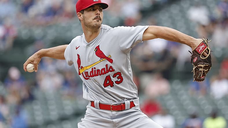 Aug 25, 2022; Chicago, Illinois, USA; St. Louis Cardinals starting pitcher Dakota Hudson (43) throws a pitch against the Chicago Cubs during the first inning at Wrigley Field. Mandatory Credit: Kamil Krzaczynski-USA TODAY Sports