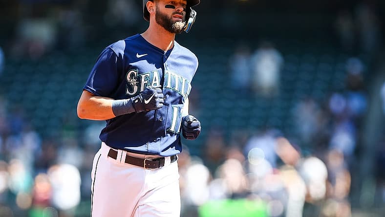 Aug 25, 2022; Seattle, Washington, USA; Seattle Mariners right fielder Mitch Haniger (17) rounds the bases after hitting a three-run home run against the Cleveland Guardians during the first inning at T-Mobile Park. Mandatory Credit: Lindsey Wasson-USA TODAY Sports