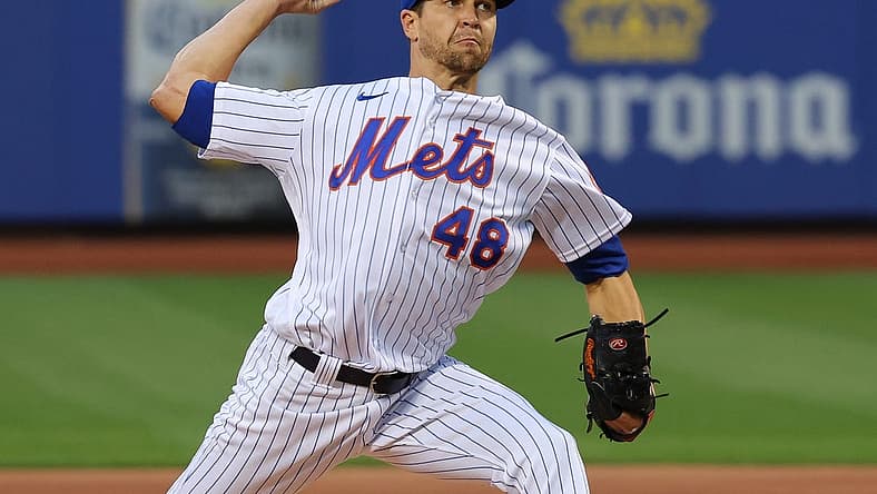 Aug 25, 2022; New York City, New York, USA; New York Mets starting pitcher Jacob deGrom (48) delivers a pitch during the first inning against the Colorado Rockies at Citi Field. Mandatory Credit: Vincent Carchietta-USA TODAY Sports
