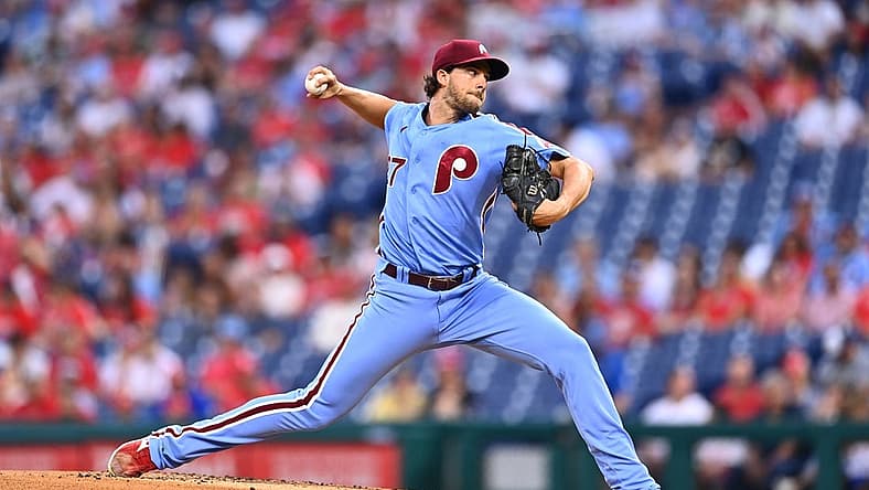 Aug 25, 2022; Philadelphia, Pennsylvania, USA; Philadelphia Phillies pitcher Aaron Nola (27) throws a pitch against the Cincinnati Reds in the first inning at Citizens Bank Park. Mandatory Credit: Kyle Ross-USA TODAY Sports