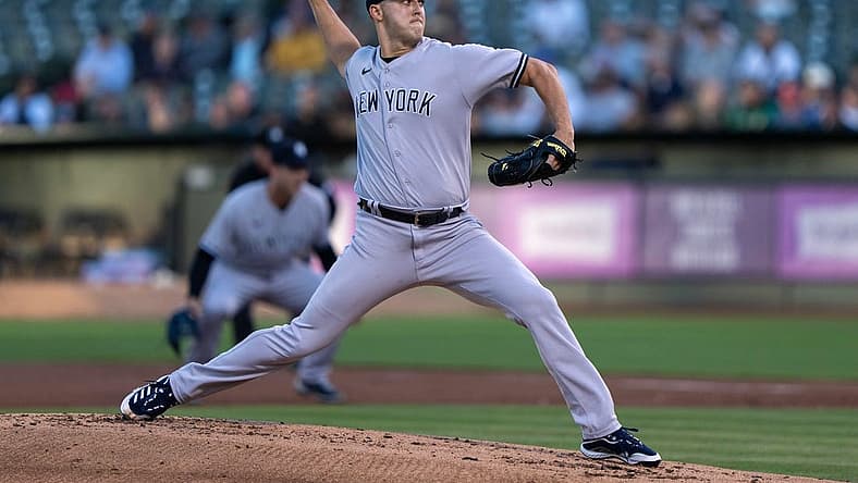Aug 25, 2022; Oakland, California, USA; New York Yankees starting pitcher Jameson Taillon (50) pitches during the first inning against the Oakland Athletics at RingCentral Coliseum. Mandatory Credit: Stan Szeto-USA TODAY Sports
