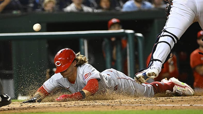 Aug 26, 2022; Washington, District of Columbia, USA; Cincinnati Reds left fielder TJ Friedl (29) scores a run against the Washington Nationals during the fifth inning at Nationals Park. Mandatory Credit: Brad Mills-USA TODAY Sports