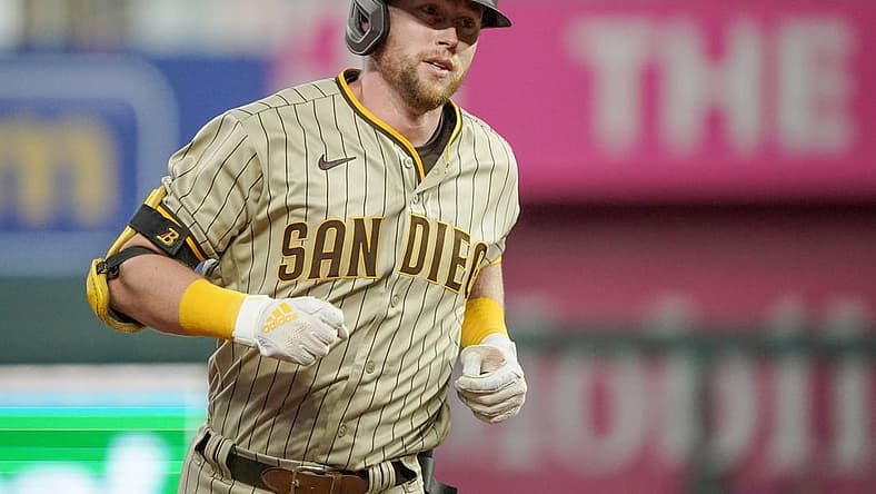 Aug 26, 2022; Kansas City, Missouri, USA; San Diego Padres second baseman Jake Cronenworth (9) rounds the bases after hitting a solo home run against the Kansas City Royals in the third inning at Kauffman Stadium. Mandatory Credit: Denny Medley-USA TODAY Sports