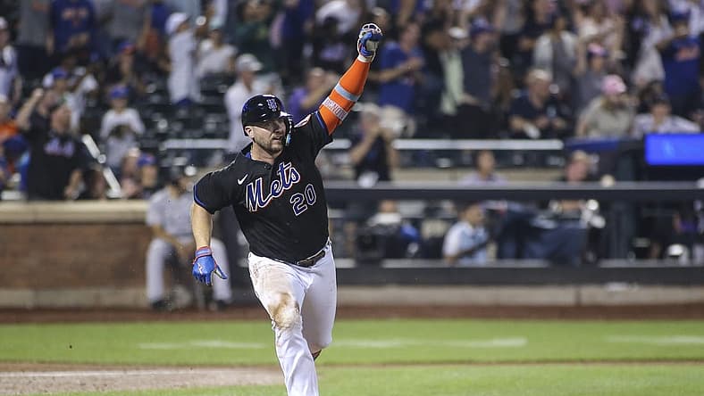 Aug 26, 2022; New York City, New York, USA; New York Mets first baseman Pete Alonso (20) celebrates after hitting a walk-off single in the ninth inning against the Colorado Rockies at Citi Field. Mandatory Credit: Wendell Cruz-USA TODAY Sports