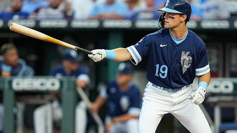 Aug 12, 2022; Kansas City, Missouri, USA; Kansas City Royals second baseman Michael Massey (19) bats against the Los Angeles Dodgers during the third inning at Kauffman Stadium. Mandatory Credit: Jay Biggerstaff-USA TODAY Sports