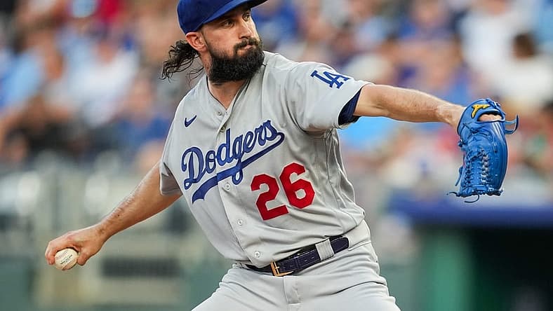 Aug 12, 2022; Kansas City, Missouri, USA; Los Angeles Dodgers starting pitcher Tony Gonsolin (26) pitches against the Kansas City Royals during the first inning at Kauffman Stadium. Mandatory Credit: Jay Biggerstaff-USA TODAY Sports
