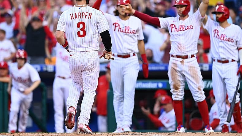 Aug 27, 2022; Philadelphia, Pennsylvania, USA; Philadelphia Phillies outfielder Bryce Harper (3) crosses the plate to score against the Pittsburgh Pirates in the first inning at Citizens Bank Park. Mandatory Credit: Kyle Ross-USA TODAY Sports