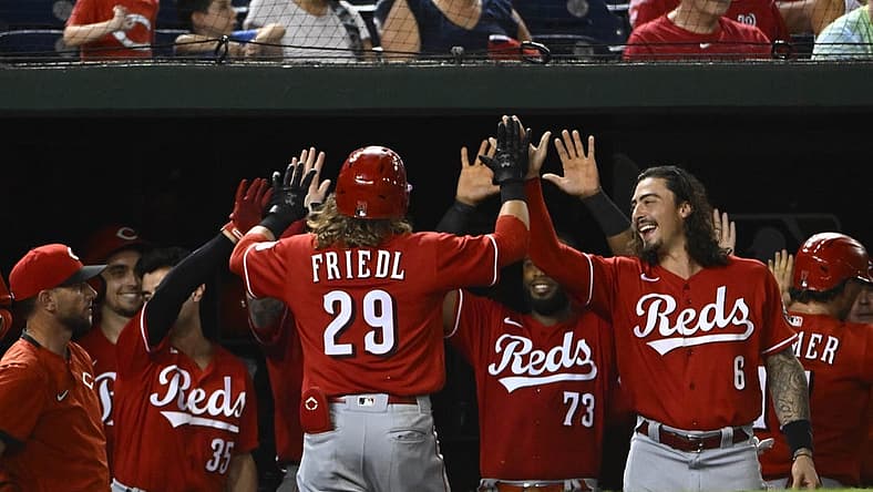 Aug 27, 2022; Washington, District of Columbia, USA; Cincinnati Reds left fielder TJ Friedl (29) is congratulated by teammates after hitting a three run home run against the Washington Nationals during the sixth inning at Nationals Park. Mandatory Credit: Brad Mills-USA TODAY Sports