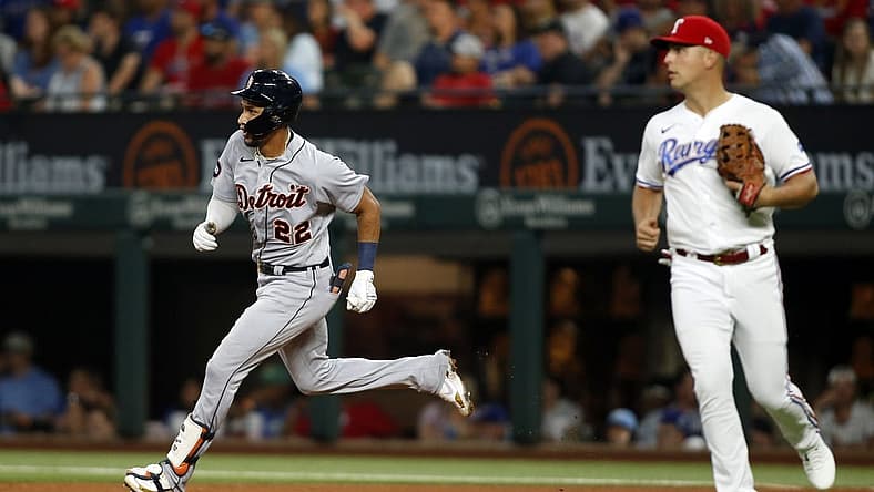 Aug 27, 2022; Arlington, Texas, USA; Detroit Tigers left fielder Victor Reyes (22) runs to second base with a double in the fifth inning against the Texas Rangers at Globe Life Field. Mandatory Credit: Tim Heitman-USA TODAY Sports