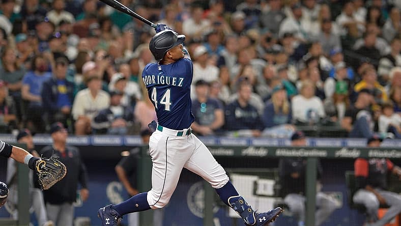 Aug 27, 2022; Seattle, Washington, USA; Seattle Mariners center fielder Julio Rodriguez (44) hits a home run against the Cleveland Guardians during the third inning at T-Mobile Park. Mandatory Credit: Steven Bisig-USA TODAY Sports