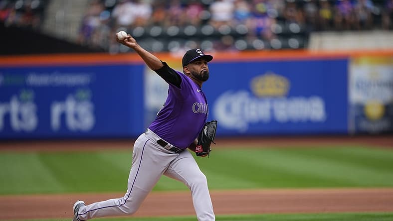 Aug 28, 2022; New York City, New York, USA; Colorado Rockies pitcher German Marquez (48) delivers a pitch against the New York Mets during the first inning at Citi Field. Mandatory Credit: Gregory Fisher-USA TODAY Sports