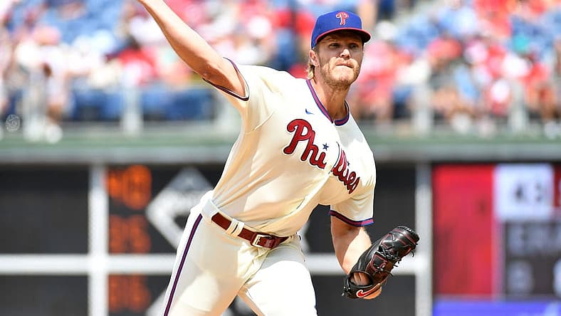 Aug 28, 2022; Philadelphia, Pennsylvania, USA; Philadelphia Phillies starting pitcher Noah Syndergaard (43) throws a pitch against the Pittsburgh Pirates during the second inning at Citizens Bank Park. Mandatory Credit: Eric Hartline-USA TODAY Sports