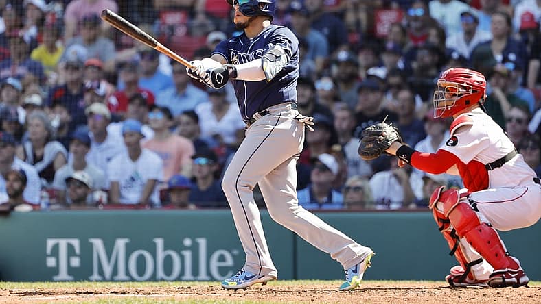 Aug 28, 2022; Boston, Massachusetts, USA; Tampa Bay Rays third baseman Isaac Paredes (17) watches his two-run home run against the Boston Red Sox during the fourth inning at Fenway Park. Mandatory Credit: Winslow Townson-USA TODAY Sports