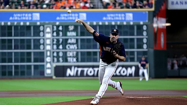 Aug 28, 2022; Houston, Texas, USA; Houston Astros starting pitcher Justin Verlander (35) delivers a pitch against the Baltimore Orioles during the first inning at Maid Park. Mandatory Credit: Erik Williams-USA TODAY Sports