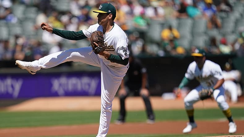 Aug 28, 2022; Oakland, California, USA; Oakland Athletics pitcher Adrian Martinez (55) follows through on a pitch against the New York Yankees in the first inning at RingCentral Coliseum. Mandatory Credit: Cary Edmondson-USA TODAY Sports