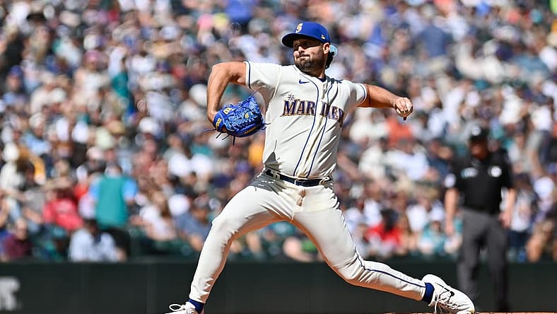 Aug 28, 2022; Seattle, Washington, USA; Seattle Mariners starting pitcher Robbie Ray (38) pitches to the Cleveland Guardians during the first inning at T-Mobile Park. Mandatory Credit: Steven Bisig-USA TODAY Sports