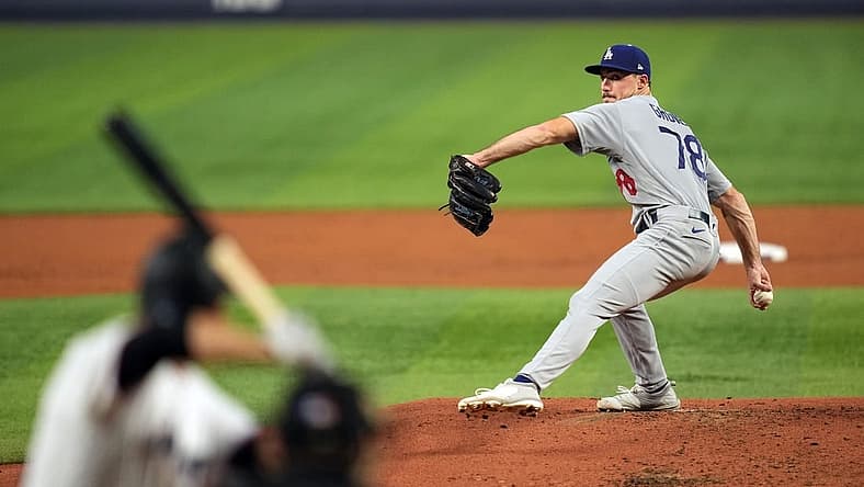 Aug 29, 2022; Miami, Florida, USA; Los Angeles Dodgers starting pitcher Michael Grove (78) delivers against the Miami Marlins in the first inning at loanDepot Park. Mandatory Credit: Jim Rassol-USA TODAY Sports