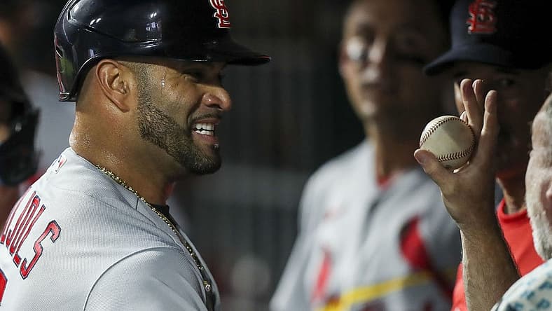 Aug 29, 2022; Cincinnati, Ohio, USA; St. Louis Cardinals first baseman Albert Pujols (5) reacts after hitting a two-run home run against the Cincinnati Reds in the third inning at Great American Ball Park. Mandatory Credit: Katie Stratman-USA TODAY Sports