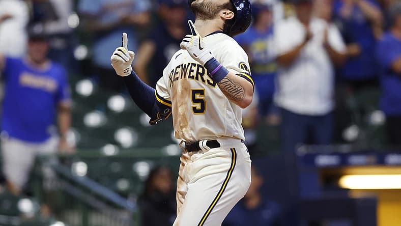 Aug 29, 2022; Milwaukee, Wisconsin, USA;  Milwaukee Brewers center fielder Garrett Mitchell (5) celebrates after hitting a two run home run during the eighth inning against the Pittsburgh Pirates at American Family Field. Mandatory Credit: Jeff Hanisch-USA TODAY Sports