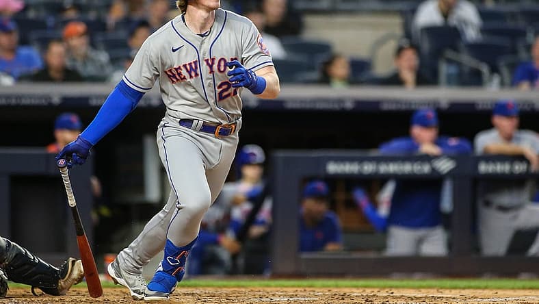 Aug 22, 2022; Bronx, New York, USA; New York Mets third baseman Brett Baty (22) at Yankee Stadium. Mandatory Credit: Wendell Cruz-USA TODAY Sports