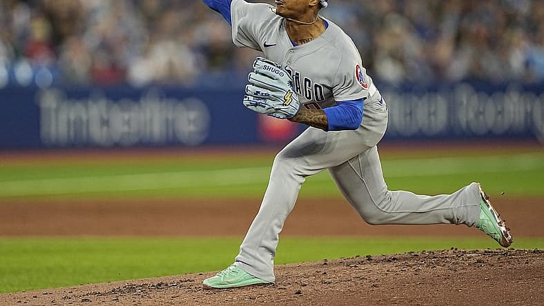 Aug 30, 2022; Toronto, Ontario, CAN; Chicago Cubs starting pitcher Marcus Stroman (0) throws a pitch against the Toronto Blue Jays during the second inning at Rogers Centre. Mandatory Credit: John E. Sokolowski-USA TODAY Sports