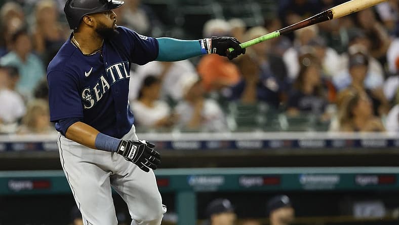 Aug 30, 2022; Detroit, Michigan, USA; Seattle Mariners designated hitter Carlos Santana (41) hits a two-run home run in the fifth inning against the Detroit Tigers at Comerica Park. Mandatory Credit: Rick Osentoski-USA TODAY Sports