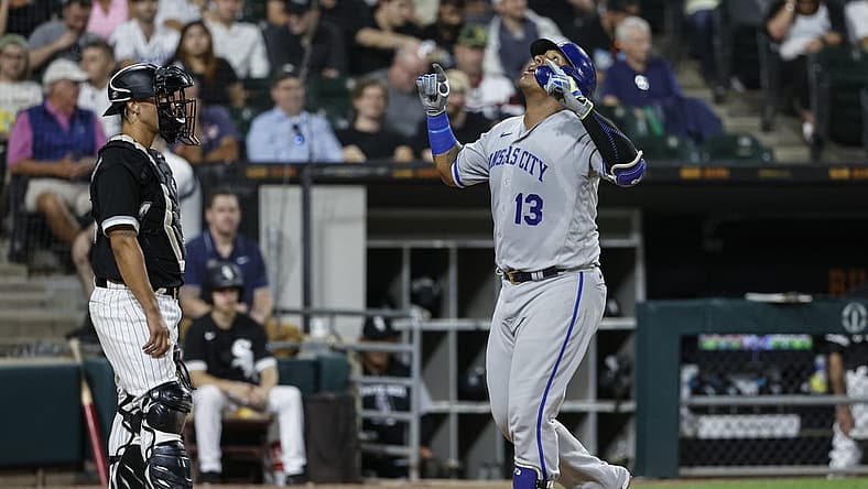 Aug 30, 2022; Chicago, Illinois, USA; Kansas City Royals catcher Salvador Perez (13) crosses home plate after hitting a two-run home run against the Chicago White Sox during the third inning at Guaranteed Rate Field. Mandatory Credit: Kamil Krzaczynski-USA TODAY Sports