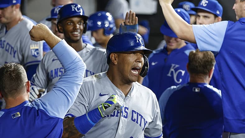 Aug 30, 2022; Chicago, Illinois, USA; Kansas City Royals catcher Salvador Perez (13) celebrates with teammates after hitting a two-run home run against the Chicago White Sox during the third inning at Guaranteed Rate Field. Mandatory Credit: Kamil Krzaczynski-USA TODAY Sports