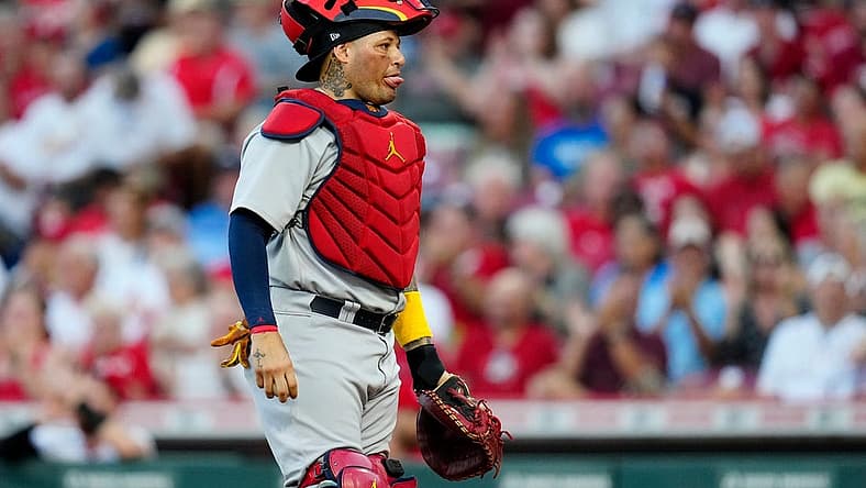 St. Louis Cardinals catcher Yadier Molina (4) reacts after the Reds take a 3-1 lead in the third inning of the MLB National League game between the Cincinnati Reds and the St. Louis Cardinals at Great American Ball Park in downtown Cincinnati on Tuesday, Aug. 30, 2022.
St Louis Cardinals At Cincinnati Reds