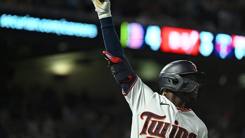 Aug 30, 2022; Minneapolis, Minnesota, USA; Minnesota Twins outfielder Nick Gordon (1) celebrates his grand slam against the Boston Red Sox as he rounds the bases during the fifth inning at Target Field. Mandatory Credit: Nick Wosika-USA TODAY Sports