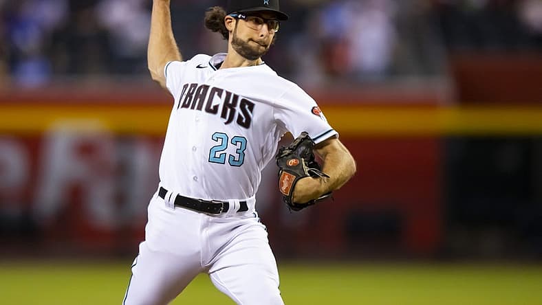 Aug 30, 2022; Phoenix, Arizona, USA; Arizona Diamondbacks pitcher Zac Gallen throws in the first inning against the Philadelphia Phillies at Chase Field. Mandatory Credit: Mark J. Rebilas-USA TODAY Sports