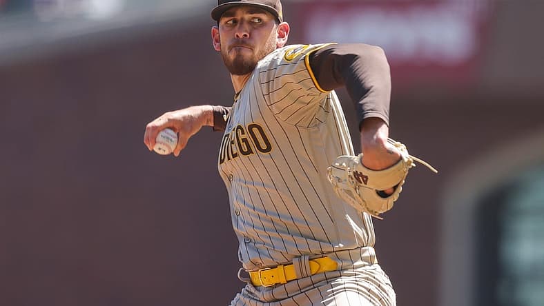 Aug 31, 2022; San Francisco, California, USA; San Diego Padres starting pitcher Joe Musgrove (44) throws a pitch during the first inning against the San Francisco Giants at Oracle Park. Mandatory Credit: Sergio Estrada-USA TODAY Sports