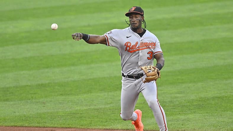 Aug 31, 2022; Cleveland, Ohio, USA; Baltimore Orioles shortstop Jorge Mateo (3) throws to first base in the third inning against the Cleveland Guardians at Progressive Field. Mandatory Credit: David Richard-USA TODAY Sports