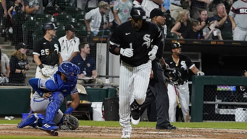 Aug 31, 2022; Chicago, Illinois, USA; Chicago White Sox shortstop Elvis Andrus (1) hits a home run against the Kansas City Royals during the fifth inning at Guaranteed Rate Field. Mandatory Credit: David Banks-USA TODAY Sports