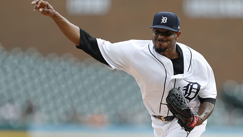Sep 15, 2019; Detroit, MI, USA; Detroit Tigers starting pitcher Edwin Jackson (19) throws the ball during the first inning against the Baltimore Orioles at Comerica Park. Mandatory Credit: Raj Mehta-USA TODAY Sports
