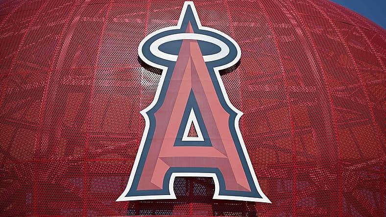 Apr 15, 2020; Anaheim, California, USA; General overall view of the Los Angeles Angels logo at Angel Stadium of Anaheim amid the global coronavirus COVID-19 pandemic. Mandatory Credit: Kirby Lee-USA TODAY NETWORK