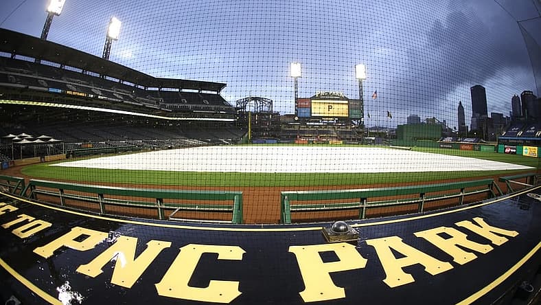 Sep 2, 2020; Pittsburgh, Pennsylvania, USA; A rain trap covers the field as inclement weather delays the start of the game between the Chicago Cubs and the Pittsburgh Pirates at PNC Park. Mandatory Credit: Charles LeClaire-USA TODAY Sports