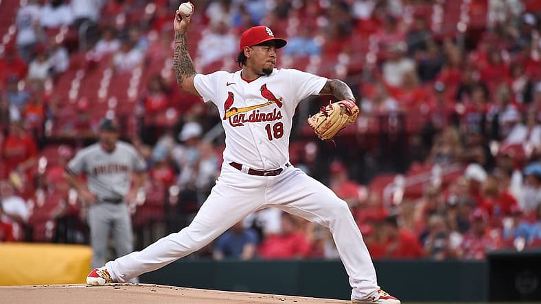 Jun 29, 2021; St. Louis, Missouri, USA; St. Louis Cardinals starting pitcher Carlos Martinez (18) pitches against the Arizona Diamondbacks during the first inning at Busch Stadium. Mandatory Credit: Joe Puetz-USA TODAY Sports