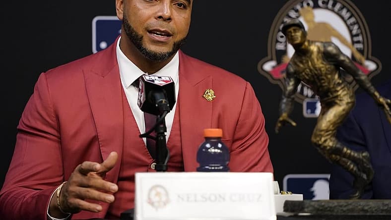 Oct 27, 2021; Houston, TX, USA; Roberto Clemente Award winner Tampa Bay Rays player Nelson Cruz at a press conference before game two of the 2021 World Series between the Houston Astros and the Atlanta Braves at Minute Maid Park. Mandatory Credit: Thomas Shea-USA TODAY Sports