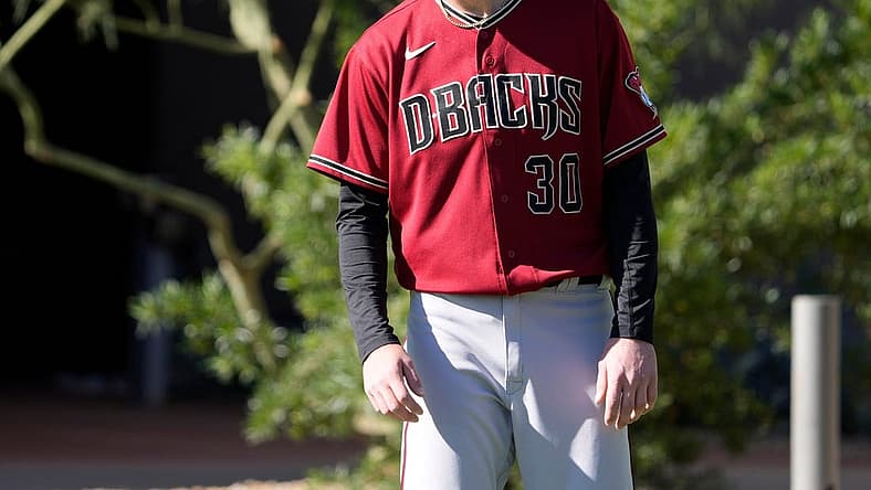 Feb 21, 2022; Scottsdale, Ariz., U.S.;  Diamondbacks minor league pitcher Ryne Nelson prepares during a select training camp for minor-league players not covered by the Players Association at Salt River Fields. MLB continues to be in a lockout after the expiration of the collective bargaining agreement Dec. 2. Mandatory Credit: Michael Chow-Arizona Republic

Baseball Diamondbacks Select Minor League Camp