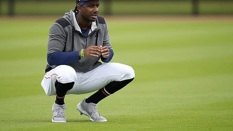 Mar 15, 2022; West Palm Beach, FL, USA; Houston Astros outfielder Lewis Brinson stretches during spring training work outs at The Ballpark of the Palm Beaches. Mandatory Credit: Jasen Vinlove-USA TODAY Sports