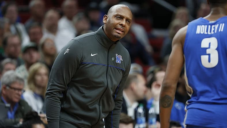 Mar 17, 2022; Portland, OR, USA; Memphis Tigers head coach Penny Hardaway talks with guard Landers Nolley II (3) in the first half against the Boise State Broncos during the first round of the 2022 NCAA Tournament at Moda Center. Mandatory Credit: Soobum Im-USA TODAY Sports