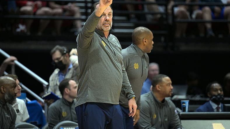 Mar 18, 2022; San Diego, CA, USA; Notre Dame Fighting Irish head coach Mike Brey signals in the first half against the Alabama Crimson Tide during the first round of the 2022 NCAA Tournament at Viejas Arena. Mandatory Credit: Orlando Ramirez-USA TODAY Sports